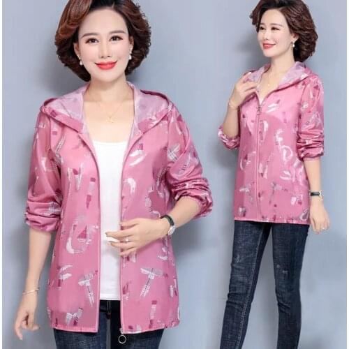 Fashion Womens Jacket New Summer Large Size 5XL Printing Thin Coat Sun Protection Clothing Women Hooded Zipper Coat Mother Tops