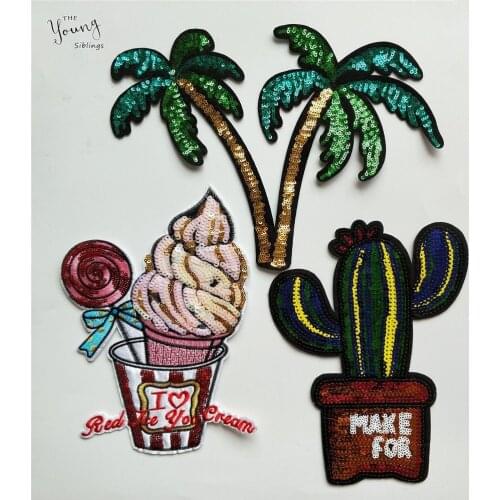 New Plant Cactus patch Sequins Ice cream Iron on Patches for Clothing DIY Stripes Clothes Coconut trees Stickers Custom Badges