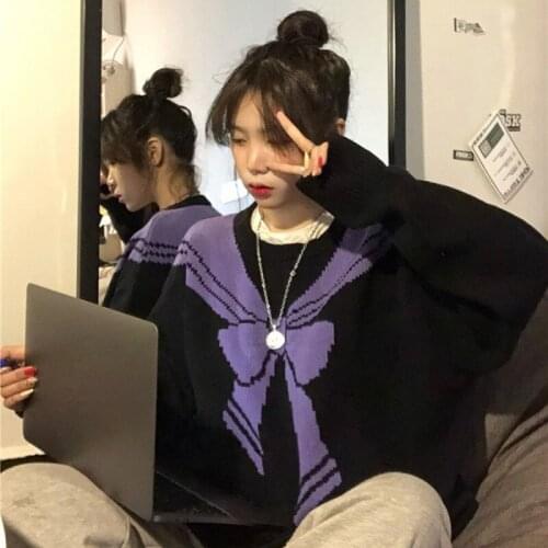 Autumn Winter Japanese Women Pullovers Korean Streetwear Harajuku Sweater Vintage Hit Color Bow Knit Oversize Jumpers