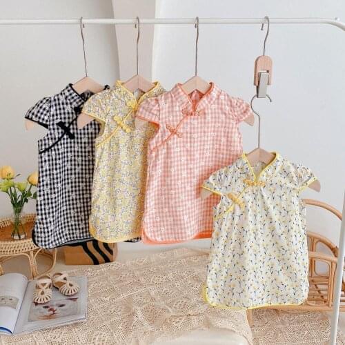 Baby Dress Plaid Pattern Elegant Skin Friendly Girls Sleeveless Cheongsam Beautiful Oblique Buckle Chinese Qipao Womens Fashion
