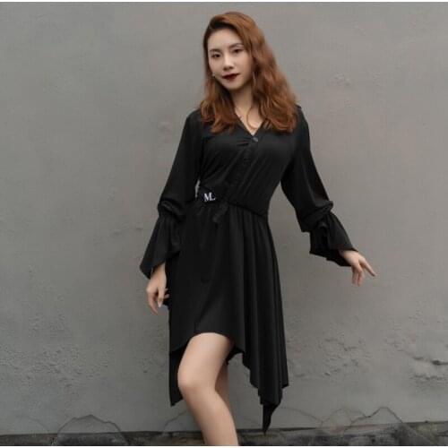 Latin Dance Dress Loose Black Suit Dress Women Practice Clothing Long Sleeve Samba Rumba Cha Cha Jive Dance Costume DNV14167