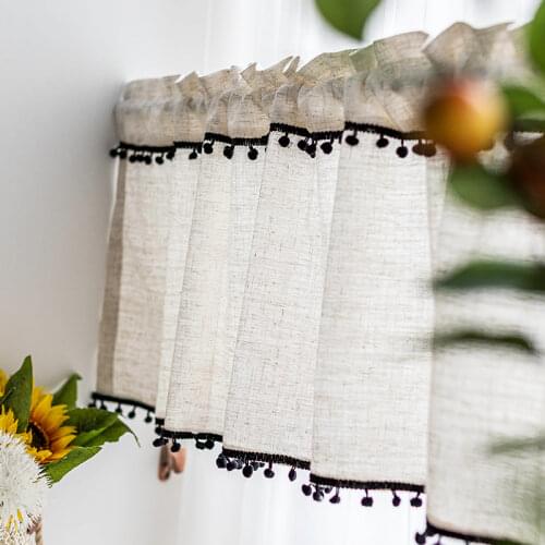 Simple Short Curtains Cotton Linen Kitchen Curtain for Bathroom Cupboard Closet Drapes with Pompom Window Treatment Decor