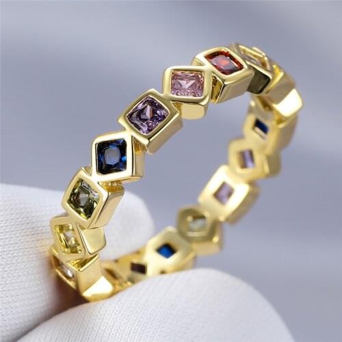 Luxury Female Rainbow Crystal Stone Ring Charm Gold Color Love Wedding Rings For Women Dainty Geometry Zircon Engagement Ring