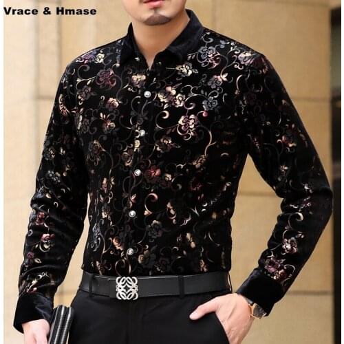 European style bronzing printing business casual long sleeve shirt Autumn 2017 New soft and silky gold velvet quality men shirt