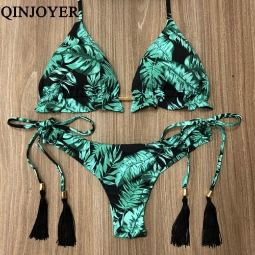 2019 Sexy Halter Swimsuit Women Thong Micro Bikini String Padded Swimwear Brazilian Bikini Bandage Tropical Plant Print Swimsuit