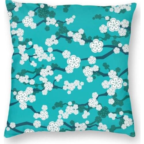Oriental Cherry Blossoms On Turquoise Cushion Covers Sofa Decoration Zen Japanese Sakura Flowers Square Throw Pillow Case 45x45