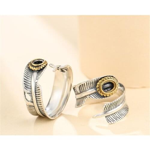 Ring Setting for 4.5x6mm Oval Cabochons Feather Shape Ring Blank Thai Sterling Silver Yellow Gold Plated Adjustable Ring Base