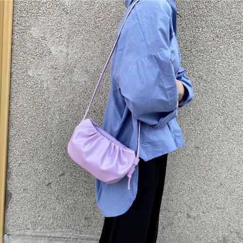 Women Casual Pleated Pure Color PU Cloud Hobo Bag Fashion Shoulder Bag Zipper Mini Sling Bag