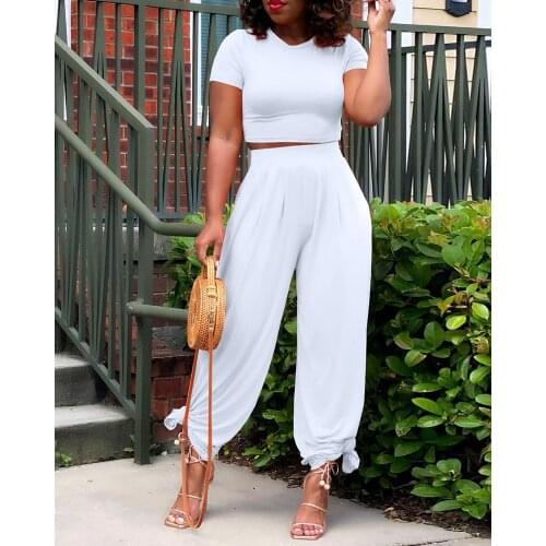 Spring Summer Womens Plain Crop Top Tracksuit Set 2021 Femme Casual Solid Short Sleeve Top & Wide Leg Pants Set Ladies Outfit