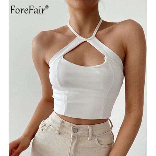 Forefair Halter Neck White Sexy Y2k Crop Top Summer Hollow Out Off Shoulder Backless Sleeveless Black Women Tank Top Casual 2021