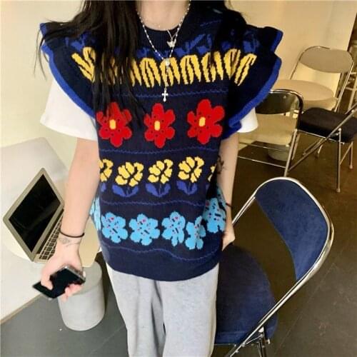 Vintage Sweater Vest Women 2021 Korean Style Cute Floral Ruffles Sleeveless Pullover Knitted Tank Tops Waistcoat T658
