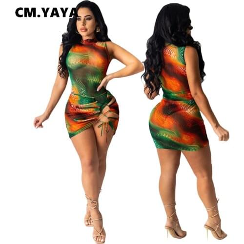CM.YAYA Women Mini Dress Mesh See-through Sexy Dresses Sleeveless Half High Collar Bangdage Sheath Elastic Dress Club Clothing