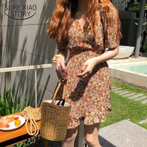 Women Dress Summer 2021 New Minin Dresses Ruffles Floral Irregular V-neck Short Sleeve High Waist Sweet Ladies Vestidos 8944 50