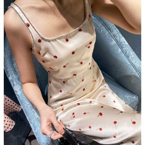 French style summer retro diamond spaghetti strap dress women heavy industry cherry print slim high waist dress a-line