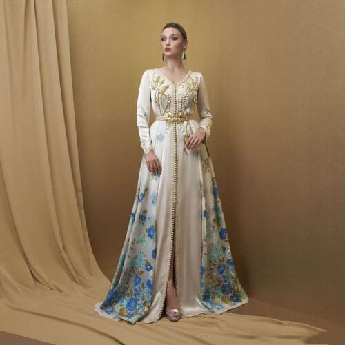 White V-Neck Moroccan Caftan Evening Dress A-Line Floor Length High Slit Appliques Amazing Dubai Women Formal Evening Gowns