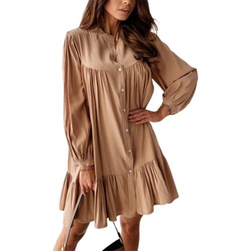 Fashion Vintage Women Dress Long Sleeve Solid Color Stand Collar Ruffled Front Button Dress Women Clothing Summer Dresses
