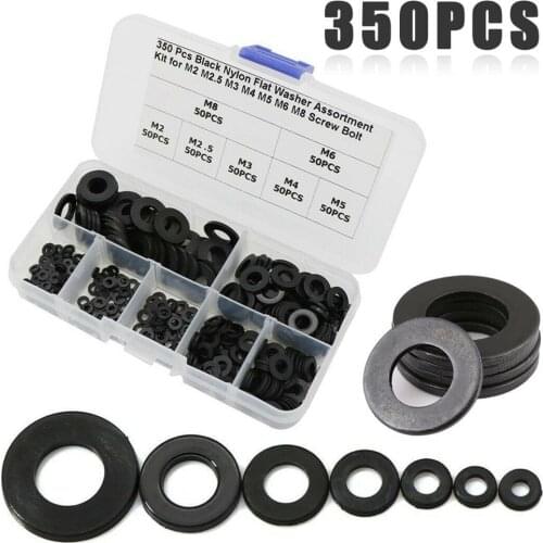 350pcs Black Nylon Flat Washer Gasket Assortment Kit M2 -M8 7 Sizes Insulation Ring Kit Hardware Home Improvement