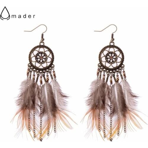 Amader Dreamcatcher Bronze Feather Chain Tassels Women Drop Earrings Bohemia Vintage Ethnic Earrings Feather Earrings HQE449
