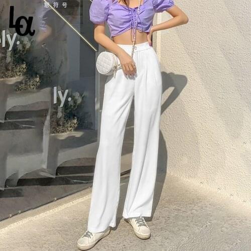 Luck A Women Spring Summer New Purple White Straight Pants Vintage High Waist Elegant Office Lady Trousers Street Casual Bottoms