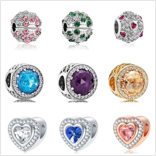 925 Sterling Silver Bead Charm Shiny Heart Zircon Bead Fit Original Pandora Charm Silver 925 Bracelet DIY Jewelry