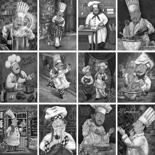 Black White Cook Chef DIY Diamond Painting Cross Stitch Food Diamond Embroidery Rhinestone Mosaic Kitchen Room Restaurant Decor