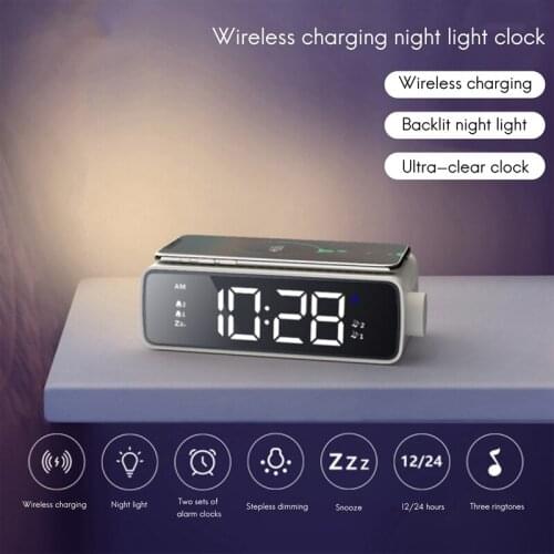 Digital Alarm Clock with Qi Wireless Charger Clear LED Display with Stepless Dimming for Bedroom Office Travel