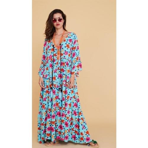 For Women Tasseled Sky Blue Color Viscose Long Boho Dress 2021 Authentic Fashion Clothing With Plus Size Options Xs-5xl