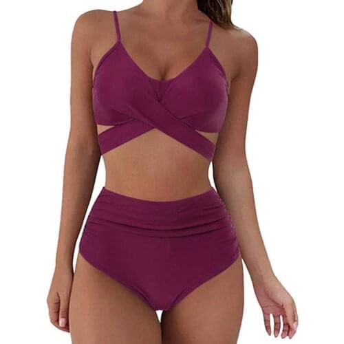 Ele-choices Hot&Fashion High Waist Solid Color Women Spaghetti Strap Bra Panties Bikini Set Swimsuit Two Piece Set for Swimming