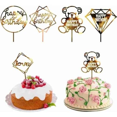 Happy Birthday Cake Topper Flag Banner Love Dessert Tamping Cake Decor Birthday Party Gifts Acrylic Hand Writing Cake Topper