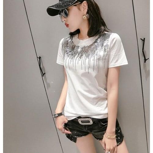 Solid Sequins Diamonds O-Neck Tshirt New Summer Office Lady Cotton Top Clothes Shirt Camiseta Mujer Black White