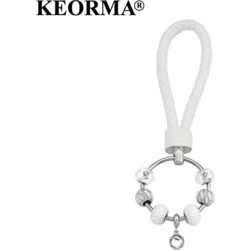 KEORMA DIY Stainless Steel Round Circle White PU Leather Key Chain Imitation Pearl Pandant Car Keychain For Women Girl YK020