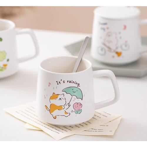 Cartoon Rabbit / Dog Ceramic Mug With Cover Office Milk Coffee Cup Office Water Cup Practical Home Creative Drinking Gift