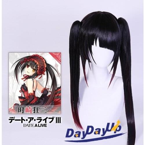 DATE A LIVE Nightmare Tokisaki Kurumi Black Red Long Ponytail Asymmetry Cosplay Synthetic Hair Halloween Party + Free Wig Cap
