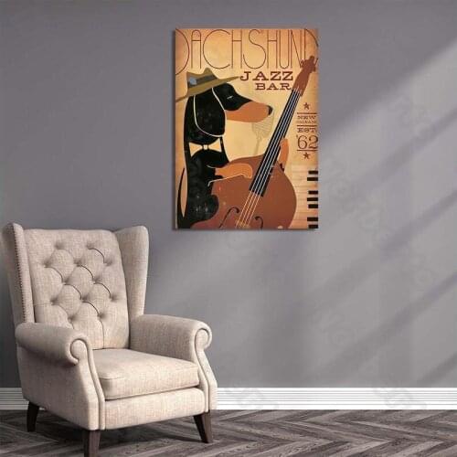 Cartoon Art Pictures Canvas Painting Wall Poster a Dog Playing The Guitar In a Jazz Bar for Home Rooms Vintage Wall Decoration