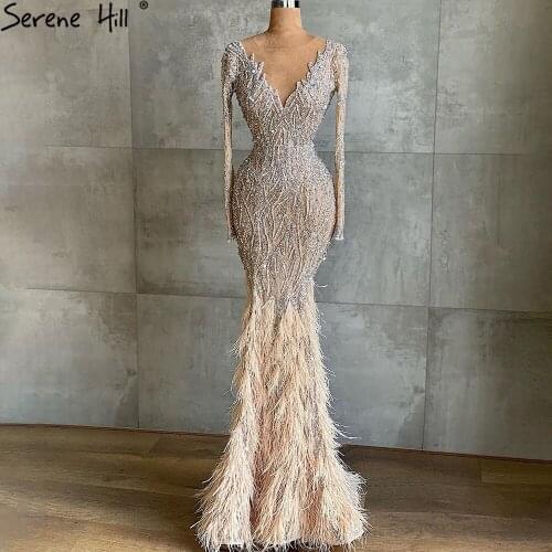 Muslim Nude Mermaid Luxury Evening Dresses Gowns 2021 Beading Feathers Elegant For Women Party BLA71093 Serene Hill