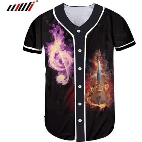 UJWI Mens Flame Guitar Baseball Shirt 3D Printed Purple Musical Note New Arrivals Tshirt Man Sports T-shirt Direct Selling