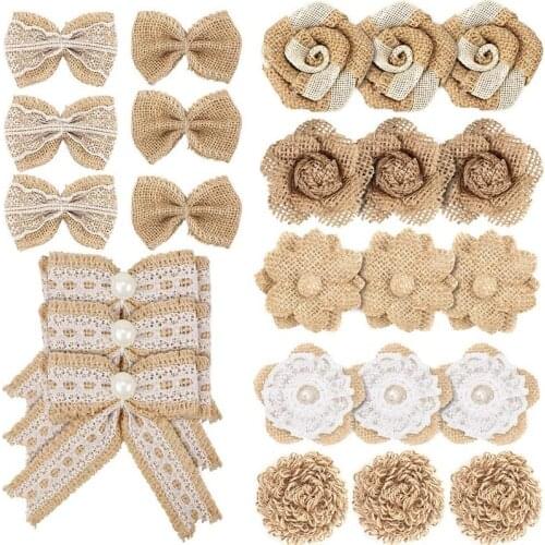 24PCS Burlap Flowers and Burlap Bowknots Set for DIY Craft Wedding Christmas Party Gift Decorations