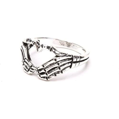 Silver Plated Hand with Heart Rings for Men Punk Gothic Creative Skeleton Couple Ring Women Hip Hop Band Jewelry Charm Gift
