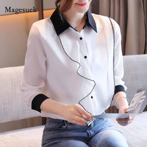 2020 POLO Collar Blouse Solid Ruffles Autumn White Chiffon Shirts Women Tops Fashion Long Sleeve Shirt Cardigan Blusas 10961