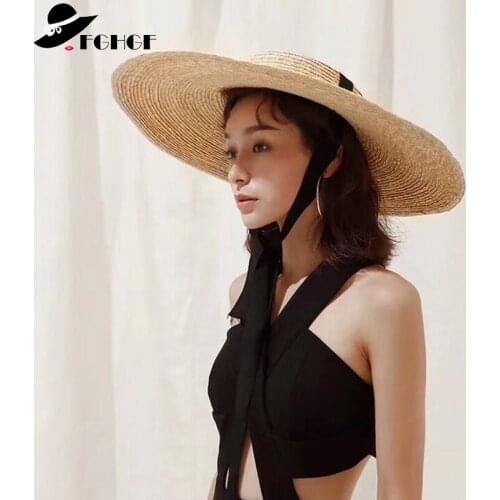 Women Summer Hat 15cm Large Brim Sun Hat Flat Top Black Ribbon Wind Rope Classical Staw Hat Anti-UV Boater Hat Big Beach Cap