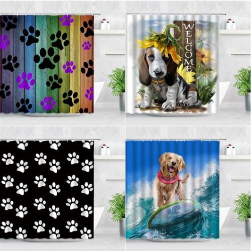 Cartoon Animals Shower Curtains Funny Dog Sea Wave Surfboard Footprint Pattern Fabric Children Bathroom Decor Partition Curtain
