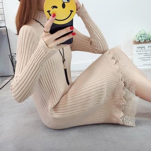 Sweater Womens Dress Autumn Winter Pullover Mid-length Solid Color Slim Half High Neck Long Sleeve Thick Knit Truien Dress E387