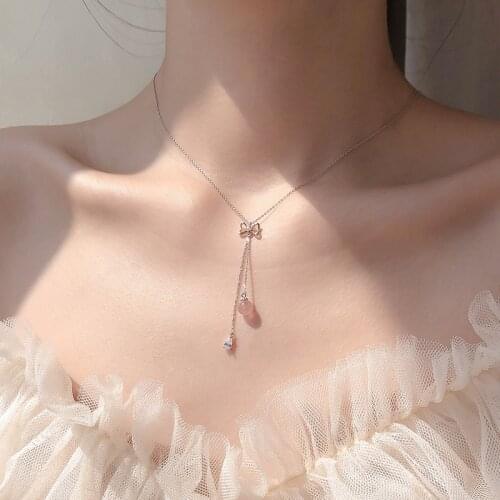 Utimtree Lovely 925 Sterling Silver Bowknot Strawberry Crystal Tassel Pendants Necklaces for Women Jewelry Statement Collares