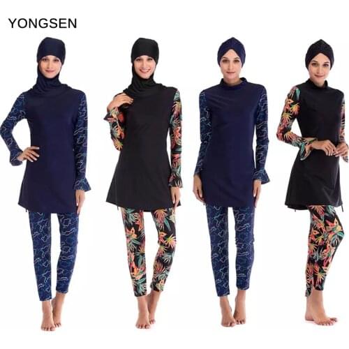 YONGSEN 2021 Muslim Swimsuit Print Islamic muslimah Burkinis Wear Bathing Suit Swimwear Women Modest Hijab Long Sleeves Sport