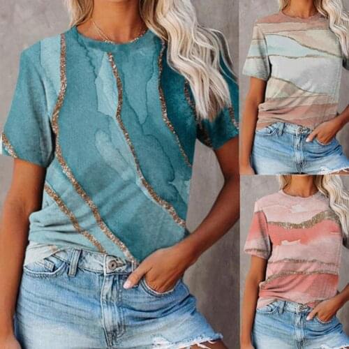 SANDWOOD 2021 NEW Women Blouse Color Block Print Summer Round Neck Short Sleeve T-shirt for Dating
