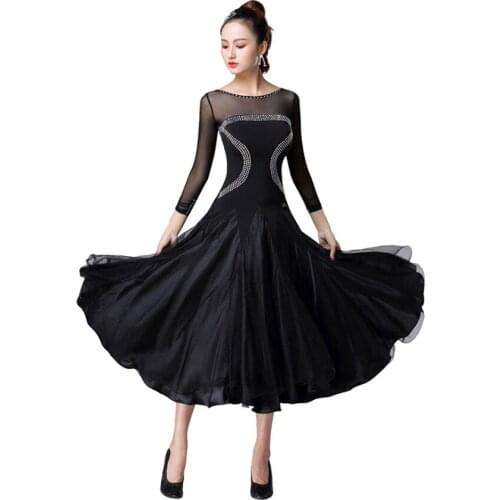 Ballroom Dance Dresses Womens Performance Spandex Crystals Long Sleeve Dress