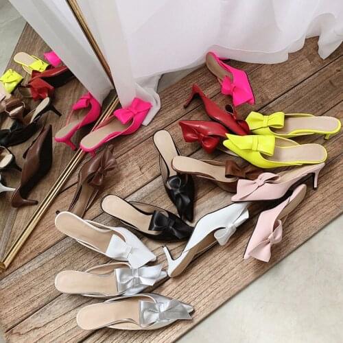Tip-toed high-heeled bow slippers for women in summer wearing thin-heeled Baotou semi-slippers for womens shoes in 2019
