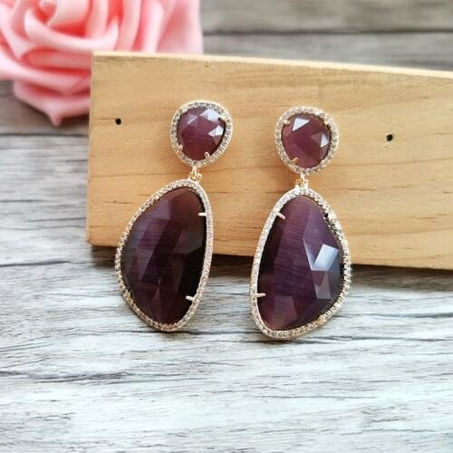 1 Pair Cat Eyes' Gem stone Jewelry Drop Opal Stone Earrings, Micro Pave CZ Faceted Stone Dangle Earrings For Women Jewelry ER208