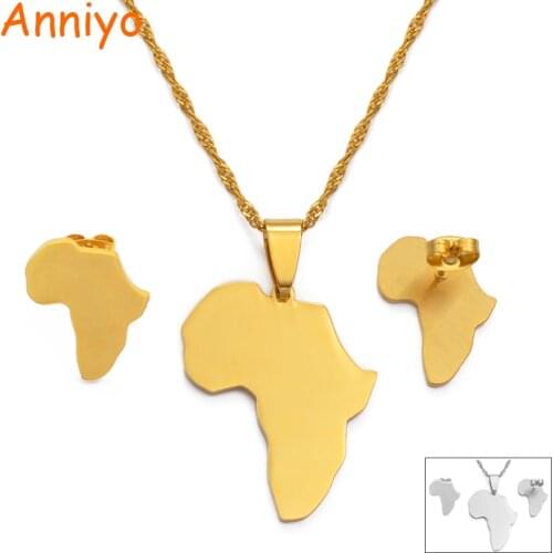 Anniyo Africa Map Sets Pendant Necklace and Earrings Gold Color/Silver Color African Maps Jewelry Set for Women Gitls #133621