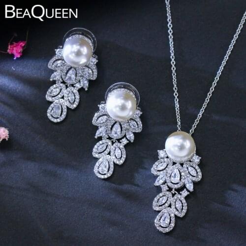 BeaQueen Elegant Cubic Zircon Crystal Micro Paved Lear Hanging Pearl Earrings Necklace Fashion Party Jewelry Set for Women JS107